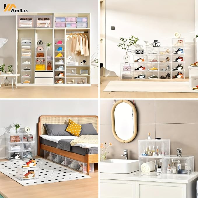 Amllas 8 Pack Shoe Boxes Clear Plastic Stackable, Large Shoe Storage Organizer with Lids,Drop Side Shoe Containers for Entryway,Sneaker Storage Fit up to US Size 13 (13’’x 10.6”x 8.3”)