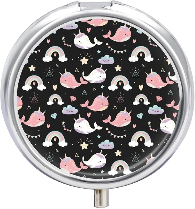 Portable Medicine Box, Narwhals Round Pill Organizer, Compact Case for Fish Oil, Travel Pill Holder Purse Carry for Seniors
