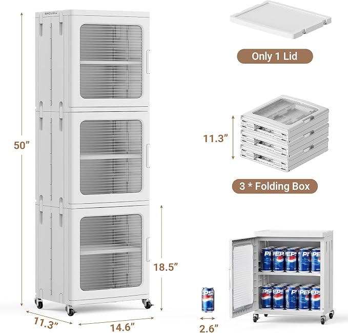 BROVIEW 3-Tier Tall Narrow Storage Cabinet 14.6” Wide, Slim Bathroom Cabinets with Adjustable Shelves and Doors, Plastic Kitchen Pantry Organizers and Storages for Small Space, Laundry, White