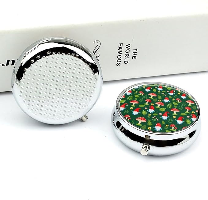 Round Pill Box for Purse Tote Bag Red Mushroom Unique Design Gnome Green 3 Compartment, Compact Pill Organizer for Travel Supplements