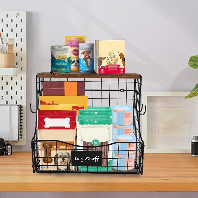 pet supplies wall basket storage storage basket Wall wire basket with Wood Lid Nameplat storage rack multifunctional countertop organizer