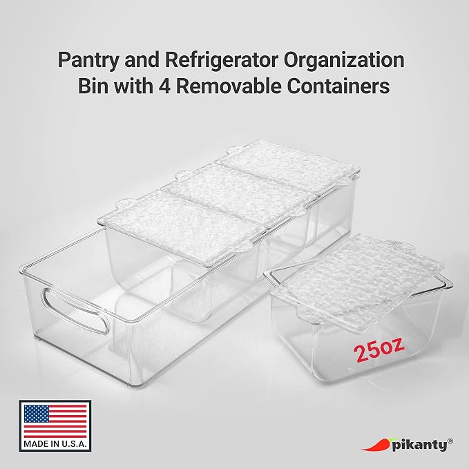 Pikanty Condiment Server Tray with 4 Removable Containers and Lids - Taco Bar, Pizza Bar, Burger Bar, Salad Toppings Organizer with Carry Handles, Dishwasher Safe, Made in USA