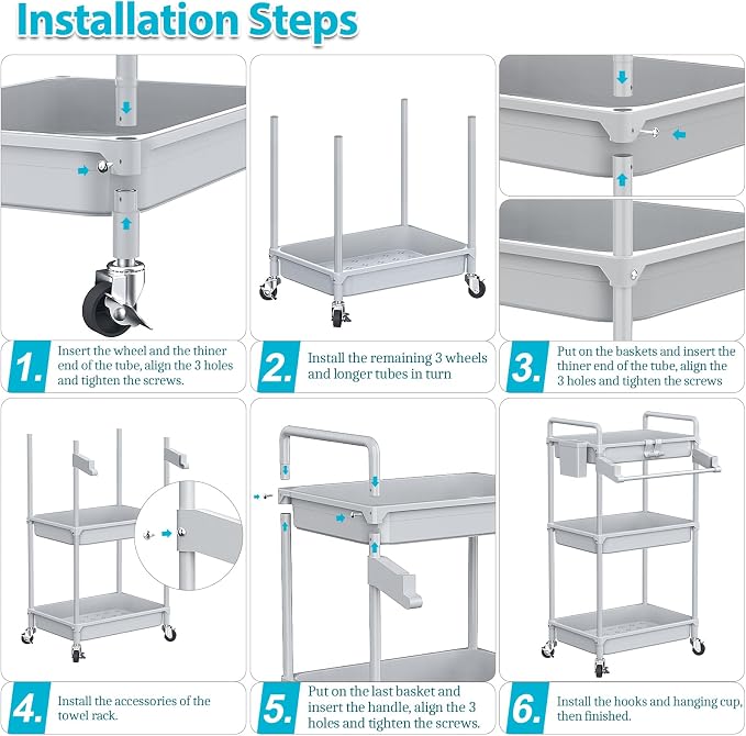 SPACEKEEPER Rolling Storage Cart, 3 Tier Utility Cart for Bathroom, Grey | Rolling Cart with Lockable Wheels, Towel Rack, Hooks & Cup for Laundry Room,Kitchen,Office, Snack,Craft,Art,Makeup,Nail,Toys