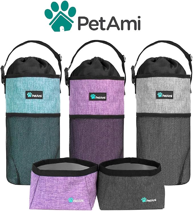 PetAmi Travel Dog Food Bag with 2 Collapsible Bowls Waterproof Dog Kibble Storage & Foldable Food Water Bowls for Dogs & Cats, Hiking & Camping (Sea Blue, Grey)