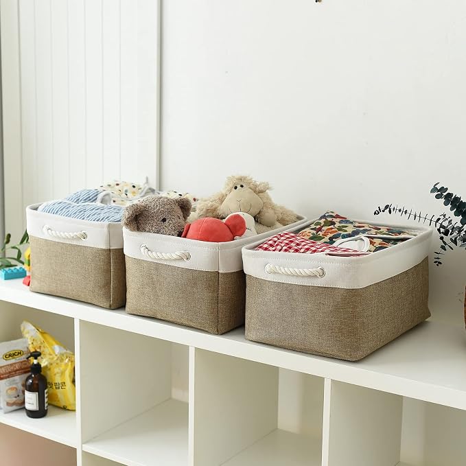 Storage Basket for Organizing - 16x12x8 inch Large 3 Pack Collapsible Storage Bin for Shelves with Handles, Fabric Storage Cubes for Organizer Cloth Gift Toy Closet (Whiet & Khaki)