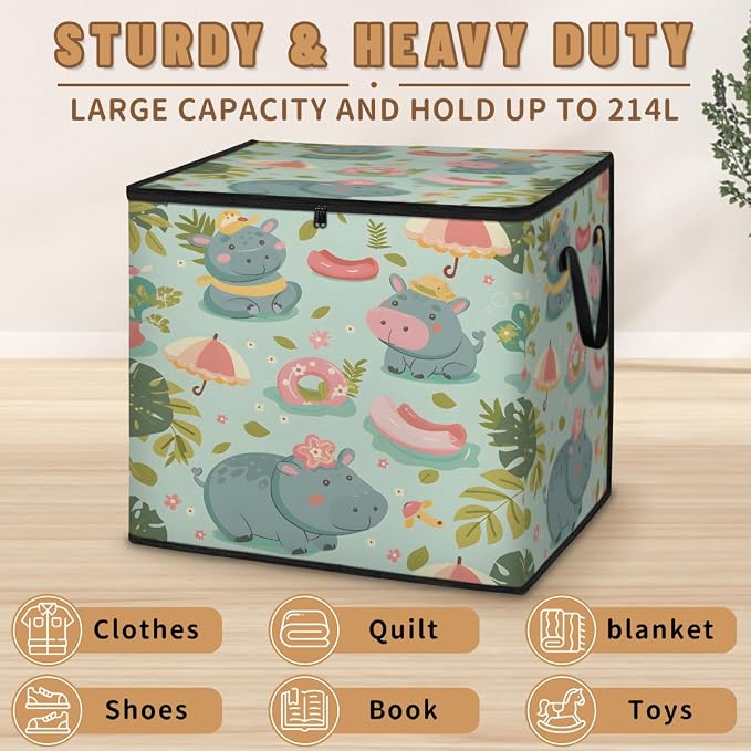Hippopotamus Large Storage Bags, Fabric Bed Storage Containers, Foldable Closet Organizers for Blanket, Clothing, Comforter, Bedding, Tropical Theme