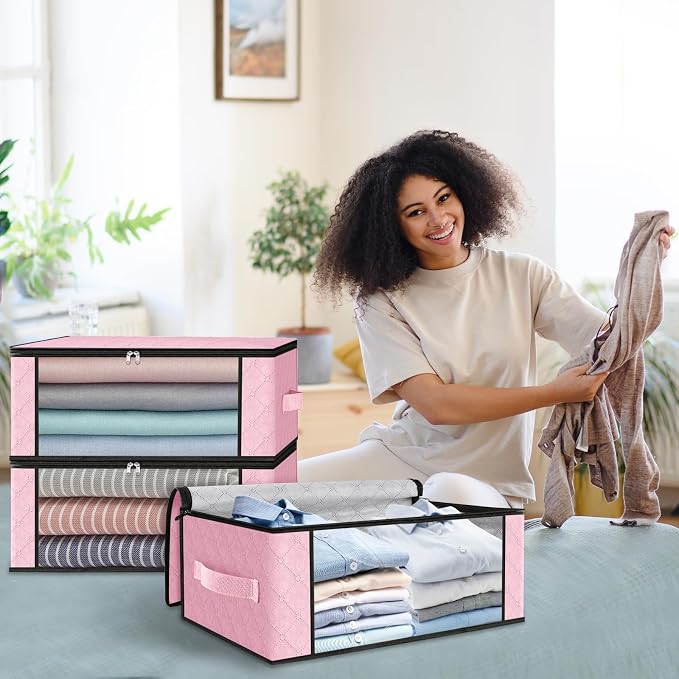 HomeHacks 3-Pack Clothes Organizer Storage Bags, 35L Storage Bins, Pink | Foldable Storage Box Container with Zippers, Clear Window, Reinforced Handles for Closet, Dorm, Pillows, Bedding, Sweater