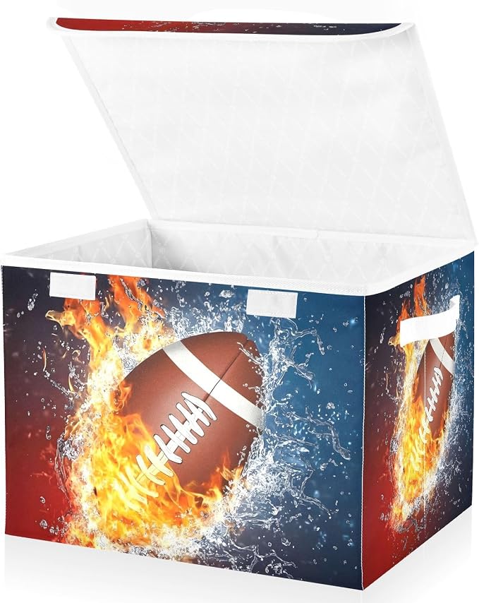 Fabric Storage Bins with Lid Football Fire Water Closet Storage Basket 40L | Decorative Storage Boxes, Dust-Proof Flip Top, Reinforced Handles, For Home & Bedroom, Clothes & Toy Box, Oxford Fabric Print