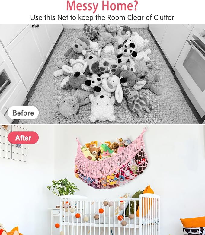 Stuffed Animal Hammock - Extra Large 56'' Long (Light Pink) | Premium Cotton Hand-knitted, Beautiful Long Tassel, Storage Hanging Organizer, Can Fit Stuffed Animals 30 Piece or More