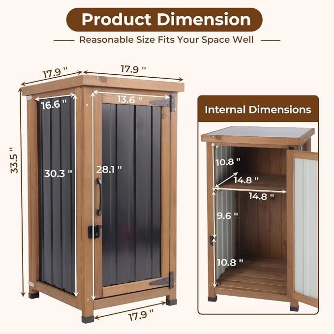 Outdoor Storage Cabinet Waterproof with Metal Top, Wooden Potting Bench Table Tool Organizer with Adjustable Shelf for Patio Backyard Garden