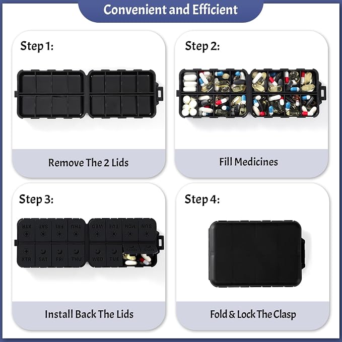 Foldable & Portable Pill Organizer 2 Times A Day with Extra Compartments - Etched Labels - Weekly 7 Day AM PM Medicine Box, Week Daily Travel Pill Case Holder Dispenser for Vitamin, Supplement - Black