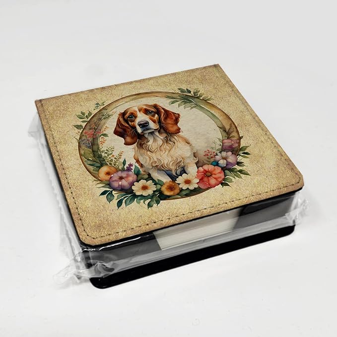 Caroline's Treasures Brittany Spaniel and Flowers PU Leather Note Paper Holder with Artist-Designed Cover, Desk Accessory, Office Gift