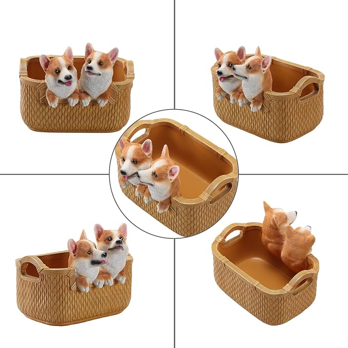 Catchall Bowl Corgi Statue - Decorative Entryway Key Holder & Candy Dish - Cute Double Dog Figurine Organizer for Desk & Room Decor - Pet Lover Housewarming Gift, Double Corgi in Basket