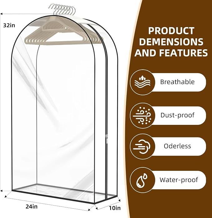 Clear Garment Bags for Hanging Clothes, 4-Pack, 32" | Upgraded thickened clear garment bags with 10" gusset for closet storage of shirts, coats, dresses