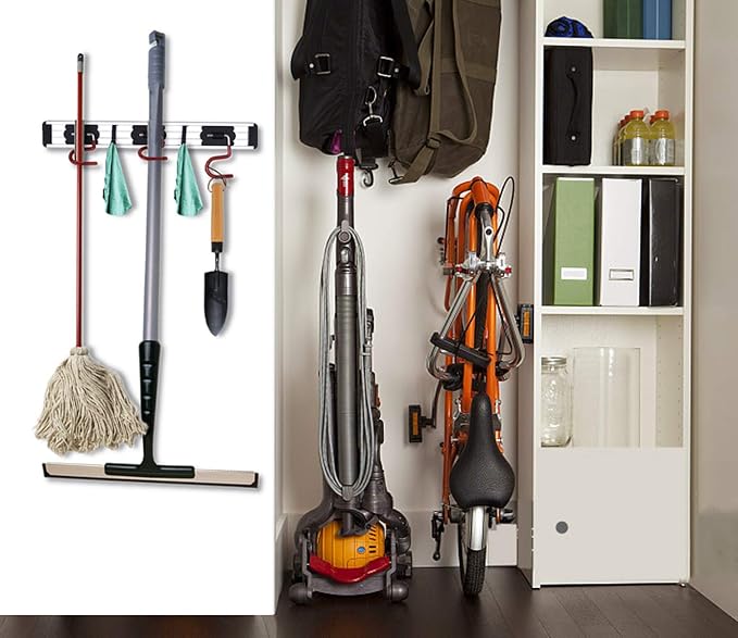 Wall Mounted Mop and Broom Holder Stainless Steel S Type Broom Rack Anti-Slip Mop Organizer (16.5 Inches,3 Positions 2 Hooks, Red black)