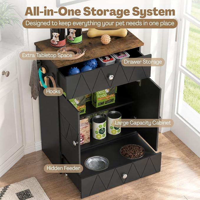 Dog Feeding Station with Storage Cabinet, Hidden Pull-Out Elevated Dog Bowls, Stainless Steel Feeding Drawer, Adjustable Shelves & Hooks, Modern Pet Food Storage Organizer for Dogs (Black)