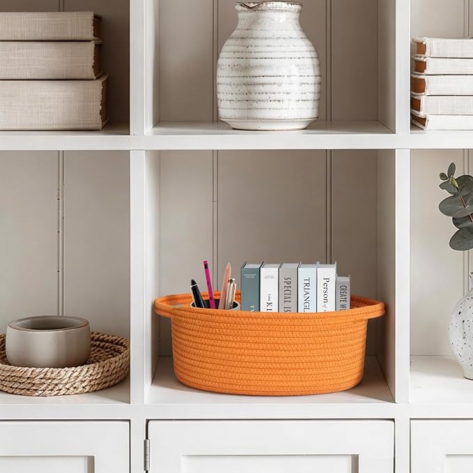 WILLITAT Orange Basket for Gifts Empty, 13"x 9"x 5" Small Woven Gift Basket with Bag and Ribbon, Cotton Rope Dog Cat Toy Bin Box, Cute Baby Nursery Organizer, Decorative Storage with Handles, Orange