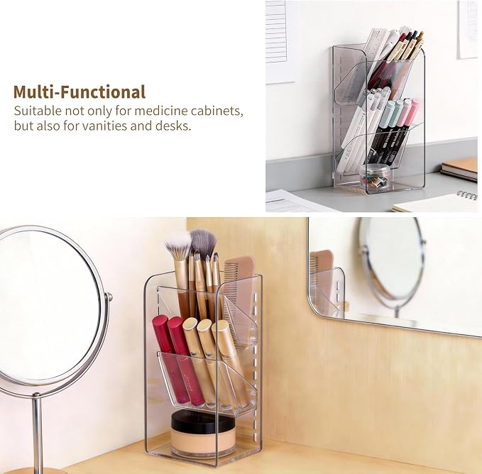 PAVSTINE Medicine Cabinet Organizer with Adjustable Dividers, Clear Open Storage Compartment, Space-Saving Makeup Brush Holder for Bathroom, Wall Cabinet, Vanity Countertop (2-Tier Full Slant)