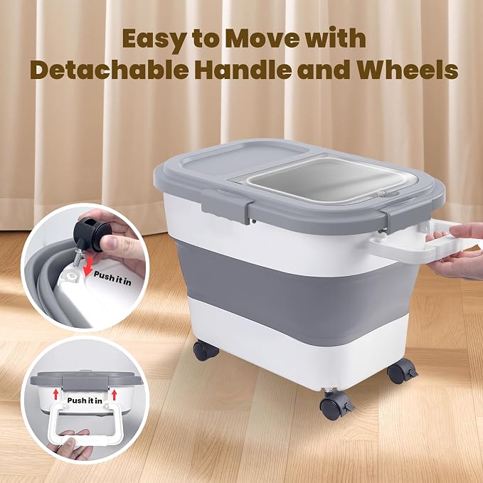 HOYTAMDA 20-30Lbs Rice Container,Collapsible Food Storage Container Wheels | Rice Storage Container with Airtight Locking Lid,Handle,Small Bin &Scoop,Rice Dispenser for Flour Sugar Cereal Grain Dog Cat