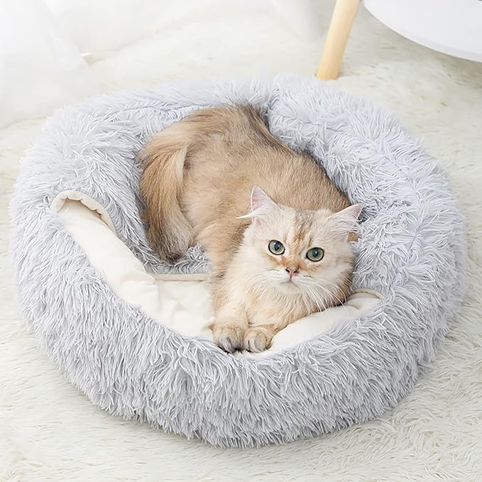 15.8'' Soft Round Plush Faux Fur Pet Bed for Cats or Small Dogs, Anti-Anxiety Cat Bed Puppy Bed, Washable Fluffy Anti-Slip Mute Base, Soft Pet Round Bed, Snooze Sleeping Cozy Kitty Kennel