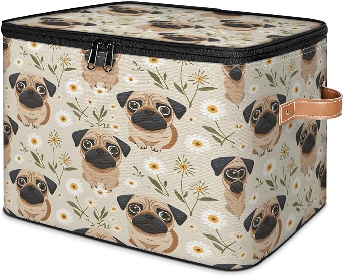 Cute Pug Dog Storage Box with Zipper Lid