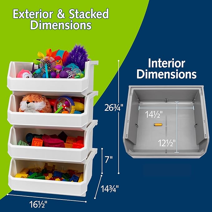 Extra Large Stackable Plastic Storage Bins, 4-Pack, White | Open-Front Stackable Bins For Garage, Pantry, Closet & Office, 14,8"L X 16,5"W X 7"H, Nests When Empty, Durable Plastic,