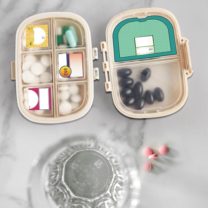 1Pack Travel Pill Organizer & 56 Medicine Name Stickers, Beige | [8 Compartments Portable Pill Case] [Small Pill Box for Pocket Purse Portable Medicine Vitamin Container]