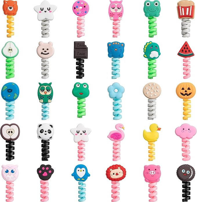 Flutesan 32pcs Cartoon Charger Cable Protector Animal, Cute Style, 2 x 3 cm | Silicone Animal Wire Saver for Phone Charger Cord, Flexible Spiral Prevents Breakage, Colorful Cartoon Buddies USB Data Lines
