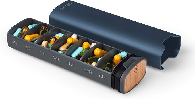 HigherHuman 7 Day Weekly Pill Organizer by mbarc - Premium Stylish Aluminum and Wood Large Capacity Pill Box for Supplements, Pills, Vitamins and Medicine.