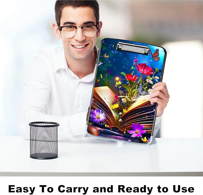 Book Flower A4 Clipboard with Storage Pen Holder, Clipboards Organizer Nursing Clipboard Foldable File Folder Plastic Clipboard Folio Clip Board for Office Students Classroom Doctor
