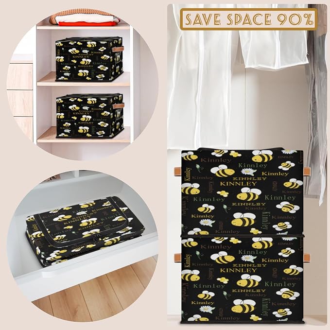 Custom Name Storage Bin with Lid Zipper, Personalized Black Rectangular Storage Basket for Organizing Boys Girls Toys Office Closet Shelf Baskets, Yellow Color Bee with Daisy