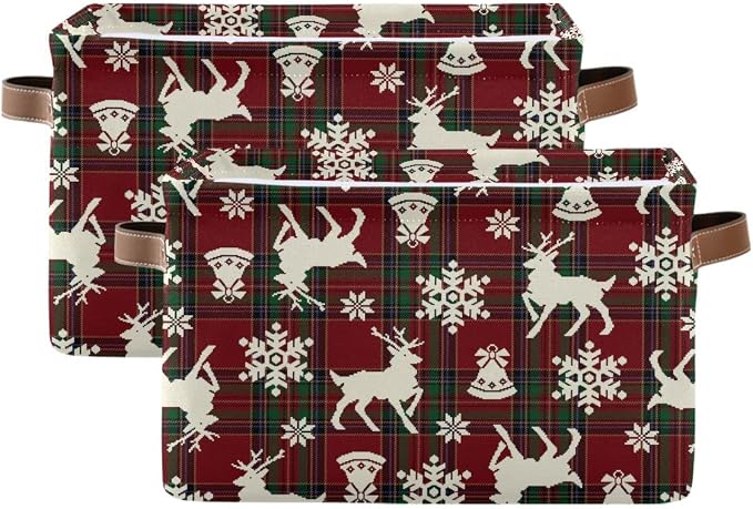 Christmas Bells Reindeer Storage Basket Fabric Laundry Baskets Winter Snowflake Xmas Red Green Buffalo Plaid Storage Boxes Organizer Bag for Cloth Toy Book Storage Cubes Shelf Closet Bins 16×12×8