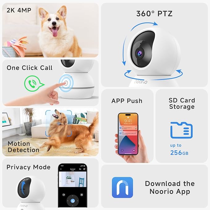 Noorio 2K Indoor Camera Wireless, Baby Monitor Pet Camera, 2-Way Audio | 360-Degree for Home Security/Smart Motion Tracking, Phone App, IR Night Vision, Siren, Compatible with Alexa, CS201 2Pcs
