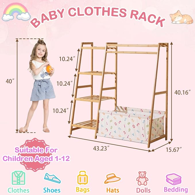 Baveke Kids Clothing Rack- Toddler Dress Up Rack with 5-Tier Open Shelves & Storage Bag, Baby Clothes Rack Small, FSC-Certified Bamboo Garment Rack & Free Standing Clothes Rack, Mini Clothing Rack