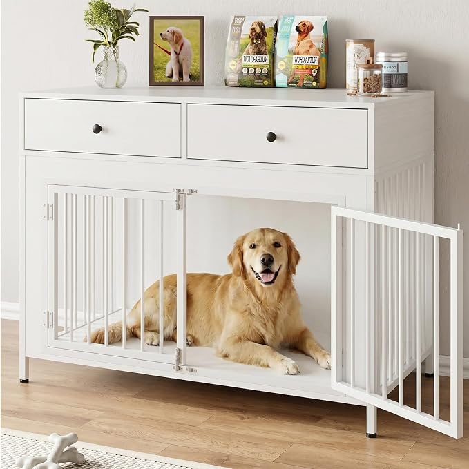 PUKAMI Large Dog Crate Furniture with 2 Drawers, 44 Inch Wooden Dog Kennel Indoor, Crate Furniture as Decorative End Table, Cage Furniture for Small Medium Large Dogs (New White, 1-Pack Set)
