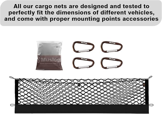 Muslogy Cargo Net for Honda Ridgeline 2017-2025 2026 Accessories | Custom Fit, Trunk Storage Organizer Net for SUV Sedan Van Divider, with Heavy Duty Carabiners, Night Visible Grab Handle