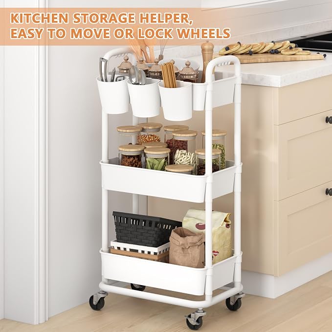 3-Tier Plastic Rolling Storage Cart Utility Cart with Extra Hanging Cups Handles Lockable Wheels for Living Room Bathroom Kitchen Office White | Utility Cart with Extra Hanging Cups Arc-Shaped Handles Lockable Wheels for Living Room Bathroom Kitchen Of...