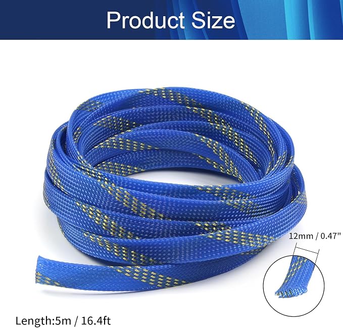 Jutagoss PET Expandable Braided Cable Sleeve, 16.4ft - 1/2 inch Blue Gold Cable Management Sleeve, Wire Loom Tube Cord Protector for USB Cable, Power Cord, Audio Video and More, 1Pc