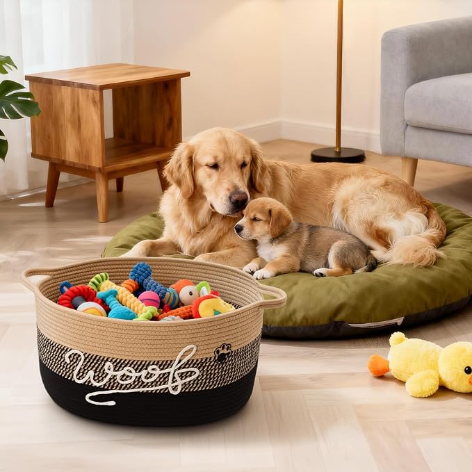30L Woof Dog Toy Basket with Handles, Large Dog Toy Storage Bin with Paw Print, Woven Dog Basket for Blankets, Toys, Chews, Pet Toy Box for Nursery, Living Room, Bedroom, 17”x12”x9, Black