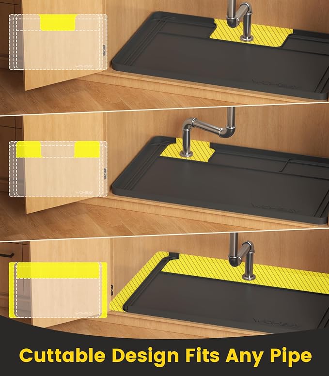 Under Sink Mats for Kitchen Waterproof 34"x22",Black | Cut to Fit Design for Various Sizes, Leak-Proof Cabinet Protection,Durable Silicone Material,Versatile Home Use