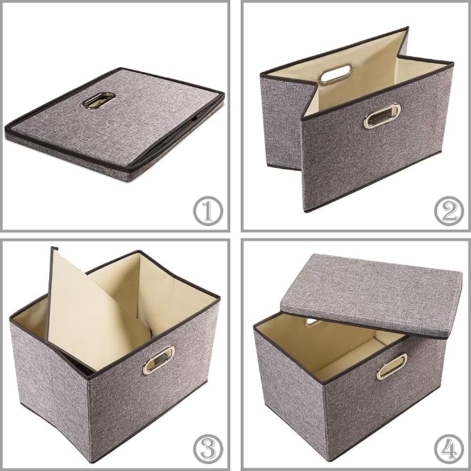 Large Foldable Storage Bin with Lid [1-Pack] Linen Fabric Decorative Storage Box Organizer Containers Basket Cube with Handles Divider for Bedroom Closet Office Living Room (17.7x11.8x11.8)