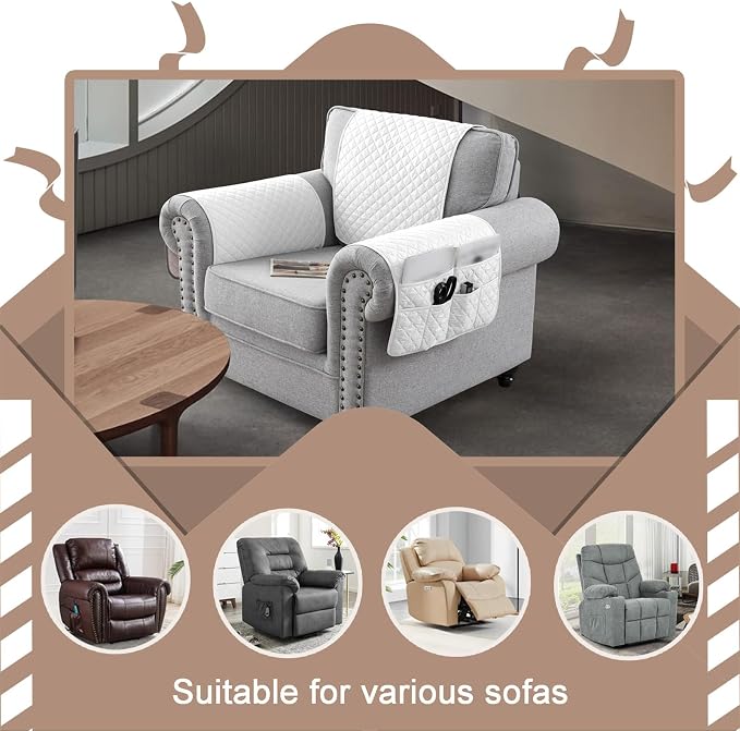 3-, 4-, or 5-Piece Quilted Recliner Armrest and Headrest Covers Set | Soft, water-resistant Six pockets organize remotes, phones, glasses and magazines quilted polyester, silicone backing