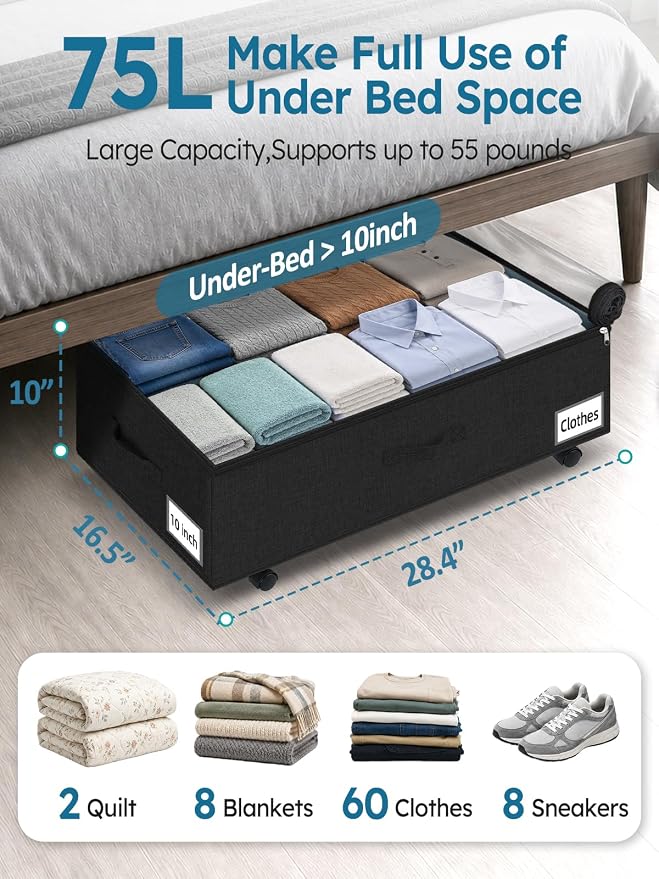 10-in 75L Low Profile Under Bed Storage with Wheels, 2 Pack,Black | 5 Rotating Wheels, Large Clear lid, Rigid Sides & Bottom, Low Space Storage, Under Bed, Couch, Crib, Dorm Organization