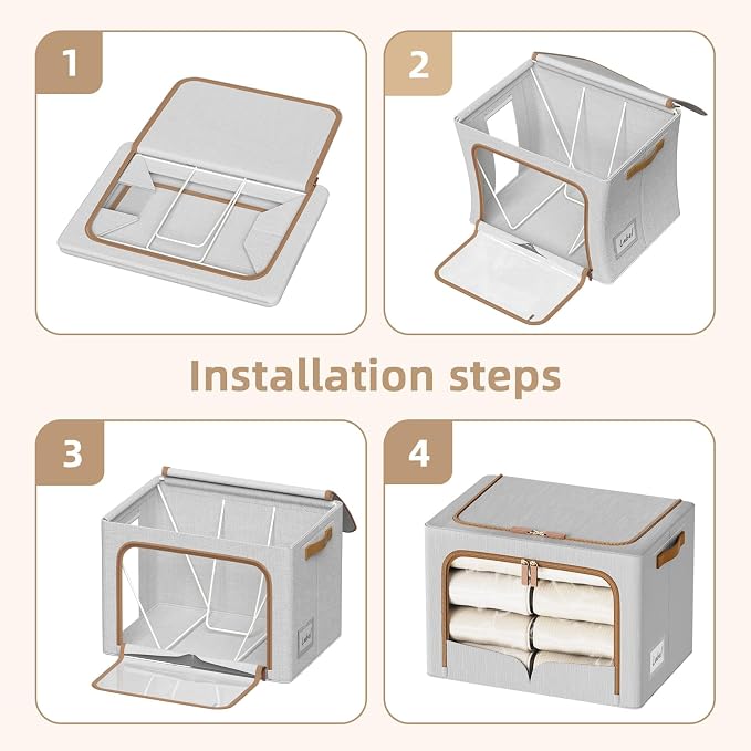 FHSQX 6 Pack Clothes Storage Bins with Metal Frame | Light Grey, 40L, 16.5x12.2x12.2 inch,Portable, Large Clear Window, Durable Handles, Foldable