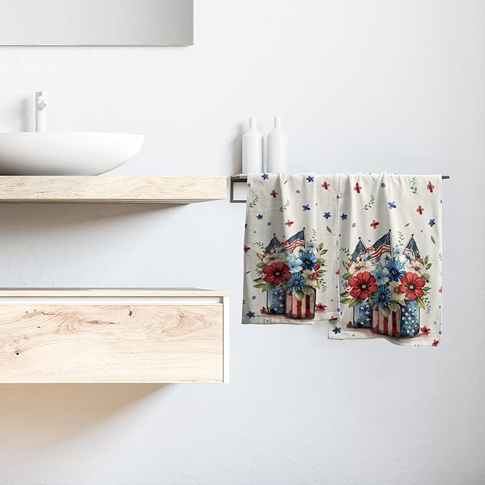 Giwawa American Patriotic Floral Hand Towels for Bathroom Red Flower Vase Decorative Kitchen Towel Memorial Day Soft Fingertip Dish Guest Towels