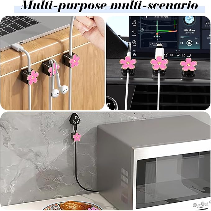 Magnetic Cord Organizer, Easy Secure Adhesive Cable Management, Wire Holder Organizer, Hide Or Organize Phone USB Charger Cable Clips for Home,Office,Car,Desk,Nightstand (Pink Flower-4 Pack)