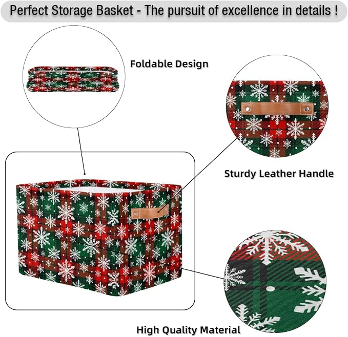 Pardick Christmas Red Green Snowflake Basket Storage Bins Large Fabric Toys Storage Cube Box with Handles Collapsible Closet Shelf Cloth Organizer Basket for Nursery Bedroom Bathroom Holiday Gift