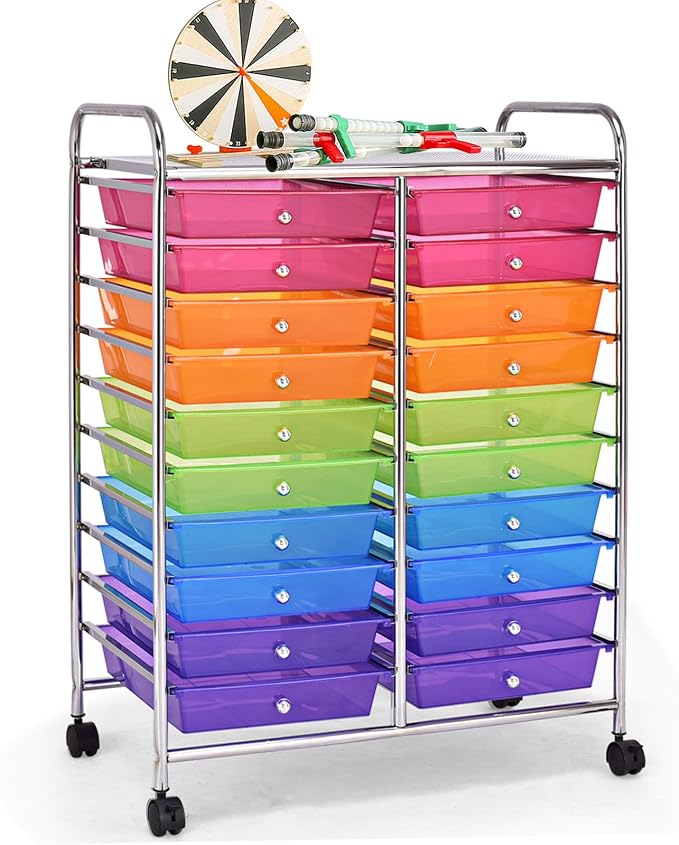 20 Drawer Rolling Storage Cart, Art Cart Organizer with Wheels for Makeup, Tool, Paper, Multipurpose Craft Storage Cart with Drawers for Office, Home, Classroom, Teacher, School (Rainbow)