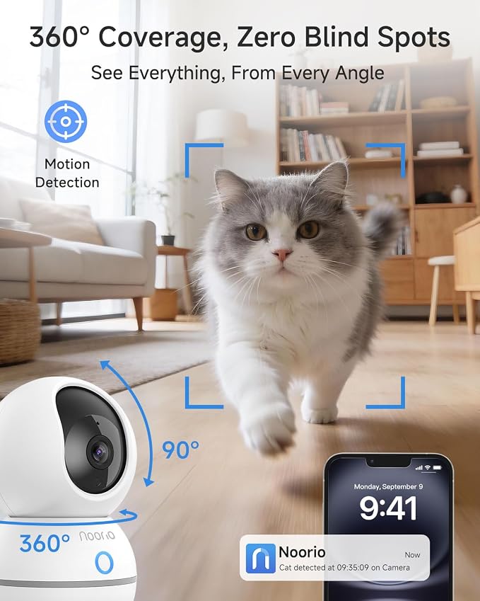 Noorio 4MP/2K Indoor Security Camera, 2.4GHz UHD 360° PTZ Pet/Dog Camera | 4MP/2K UHD Resolution, One-Touch Call, 360° PTZ Coverage, 24/7 Recording, Night Vision, Auto Motion Tracking, 2.4G Only