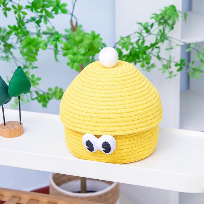 Cartoon Big Eye Cotton Rope Storage Basket with Lid, for Kids Room, Living Room, Bedroom, (Yellow)